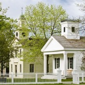 Two white historic buildings at Genesee Country Village & Museum