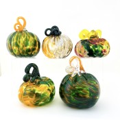 a group of five glass pumpkins with green bodies and curly stems.