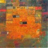 Encaustic painting with a large orange mass in the center with smaller blocks of muted colors around the edges.