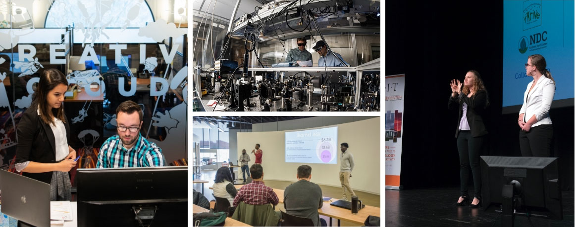 a collage of 4 photos, 2 people working on computers, 2 of people giving presentations, and one in an electronics lab