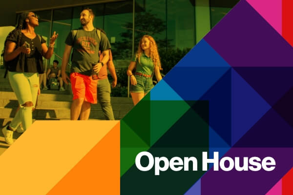 Three R I T students walking on campus on the left and a variety of differently colored shapes on the right with the words 'Open House' overlayed.
