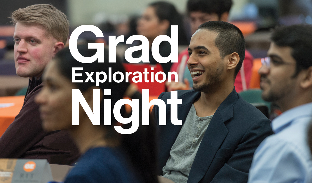Student smiling in classroom with "Grad Exploration Night" on top of the image