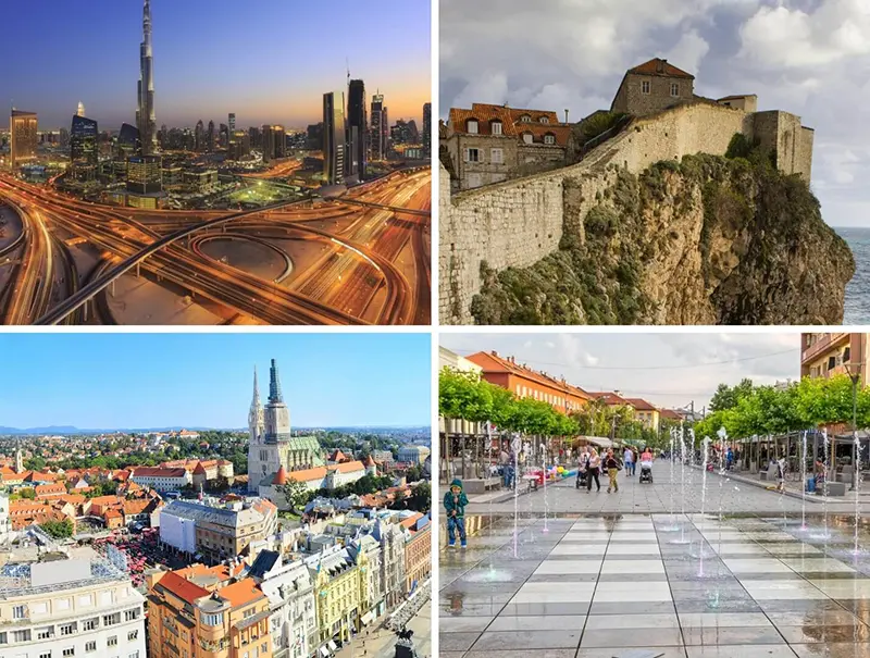 A collage of four images showing cityscapes of Dubai, Dubrovnik, Zagreb, and Kosovo.