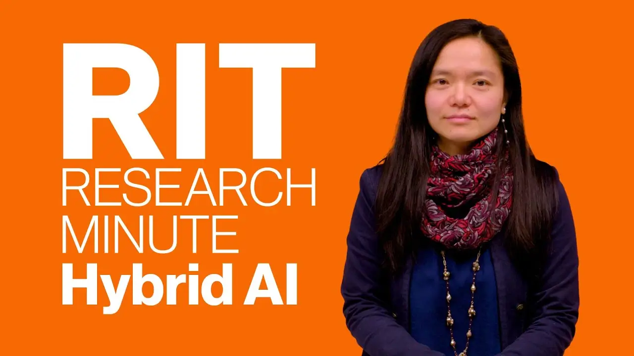 Professor Linwei Wang with text next to her that reads 'R I T Research Minute Hibrid A I'.