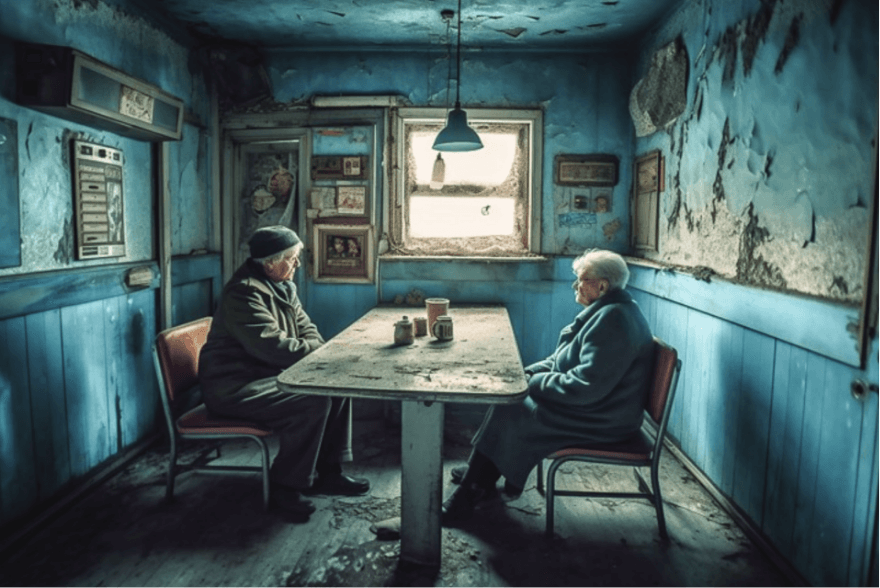 Rendering of two elderly people having dinner in a run down dinner