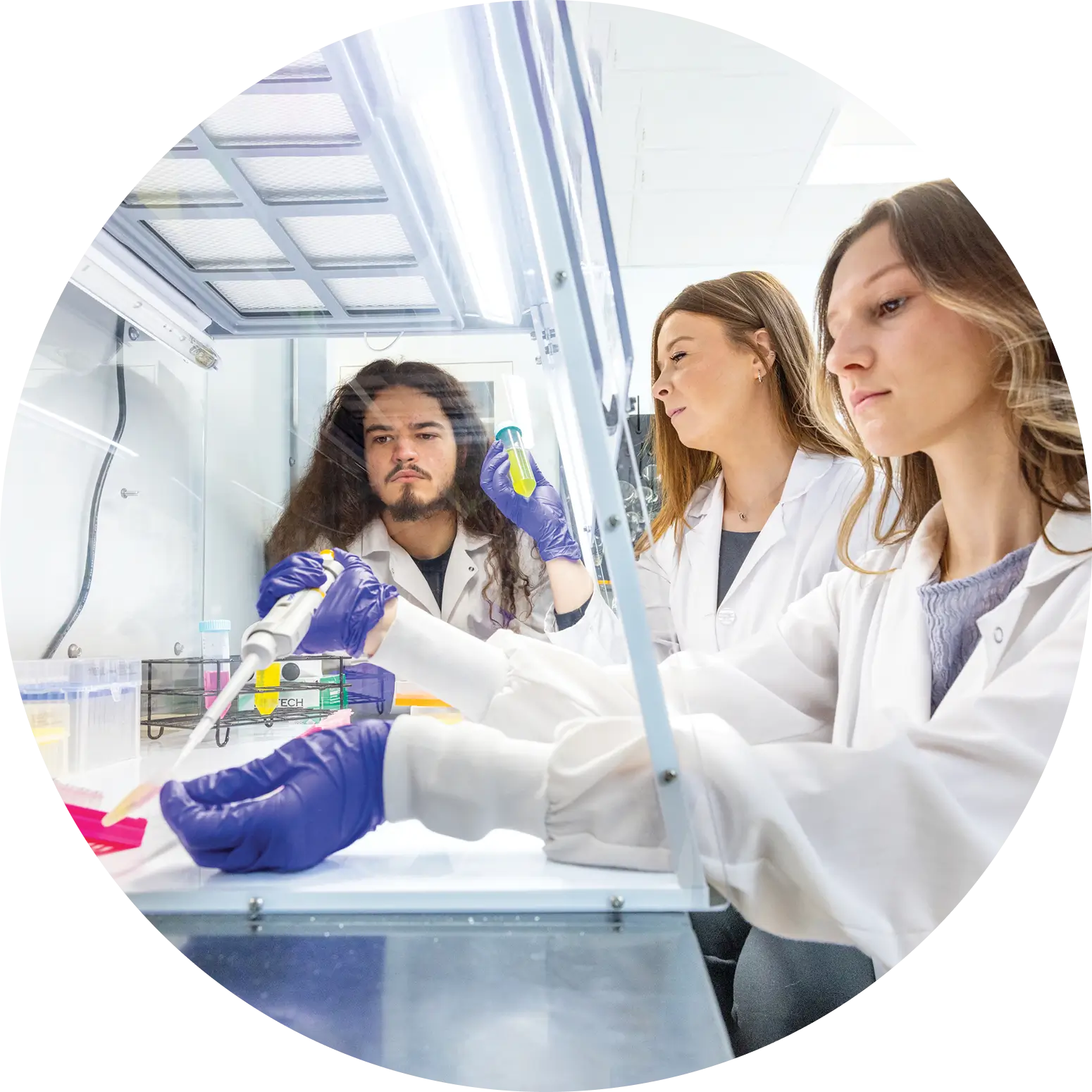 Assistant Professor Elle Barnes, center, biology student William Goyette, left, and biotechnology and molecular bioscience student Lilly Rennie, right, piping a sample for testing.