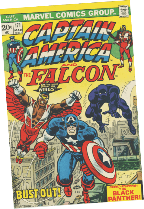 Cover of a Captain America comic book featuring the Falcon, Captain America, and Black Panther.