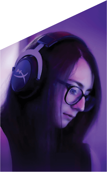 Stevie West wearing headphones in a purple colored environment