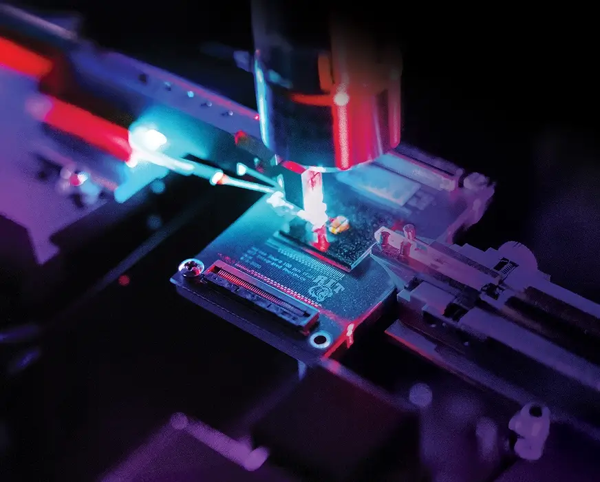 A closeup of a laser working on a quantum photonic chip.