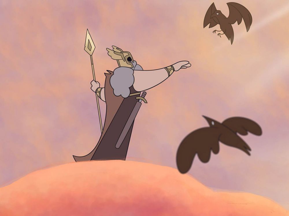 A frame from an episode of the ScienceLore series showing a bearded man holding a staff, while reaching out his other hand to two ravens.
