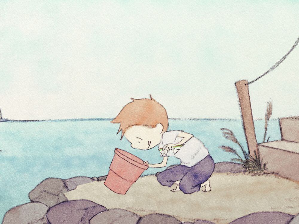 A frame from The Snowman, showing a young boy looking into a flower pot near some water.