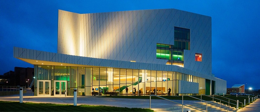 RIT Performing Arts Center at dusk