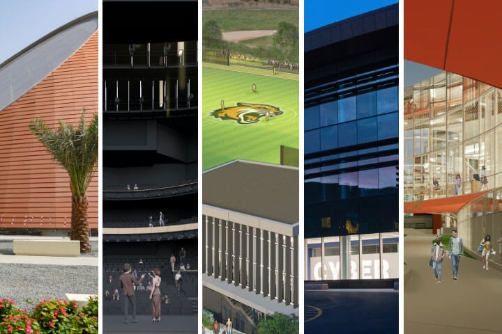 A collage of five images showing the new R I T Dubai campus, a rendering of the new Music Performing Arts Center, a rendering of the new athletics stadium, the new Global Cybersecurity Institute building, and a rendering of the SHED.