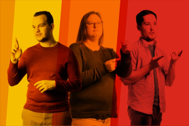 3 students using sign language on a colored background.