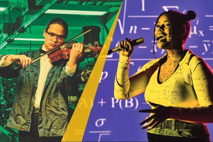 A collage of Eli Anderson playing a violin and Robin Pope singing. 