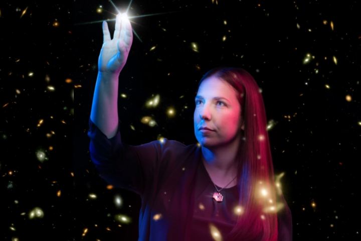 Faculty member reaching for a star, in a background of the universe.