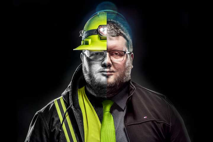 An edited image of Garrett Morkin wearing a safety vest and hard hat on his right, and a suit and tie on his left.