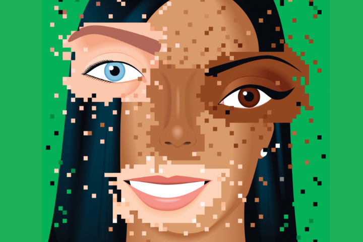 A pixelated face made up of different facial features.