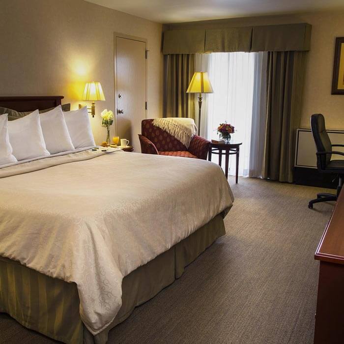 interior of hotel room with bed on the left and a desk on the right