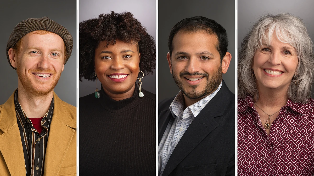 Collage of four professional headshots on a gray backdrop: a person in a tan jacket and cap, a person with curly hair in a black sweater, a person in a dark blazer, and a person with gray hair in a patterned shirt.