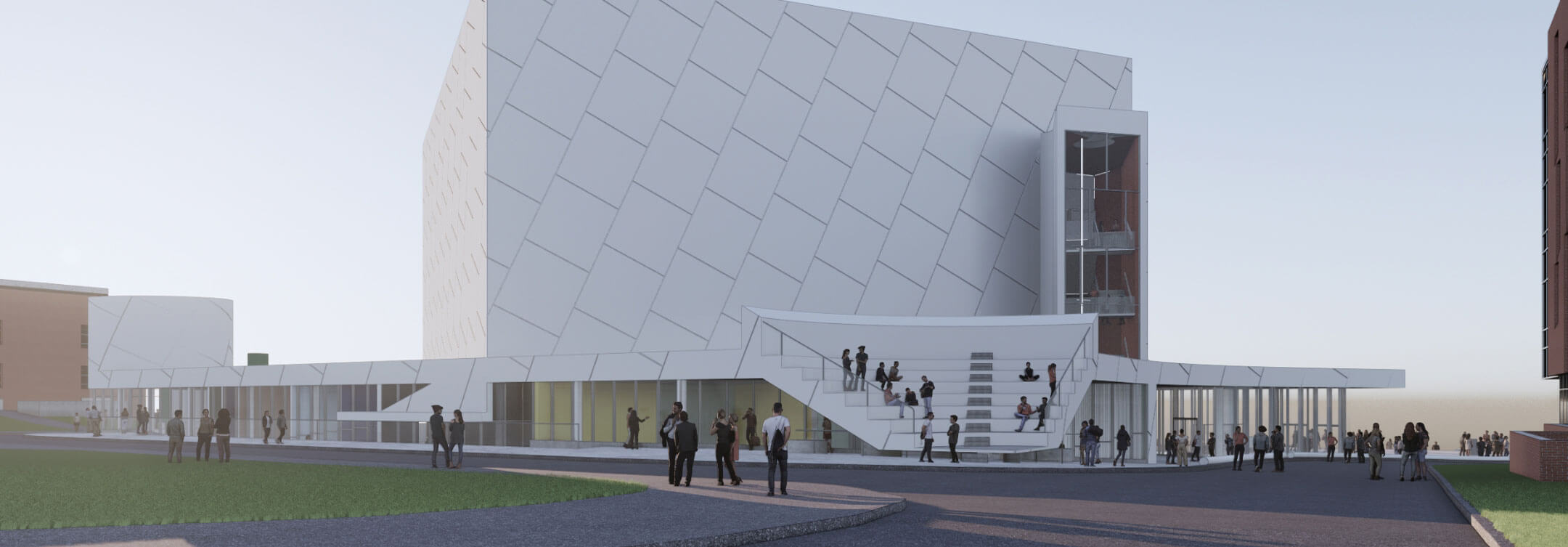 A rendering of the exterior of the proposed Music Performance Theater, featuring an amphitheater.