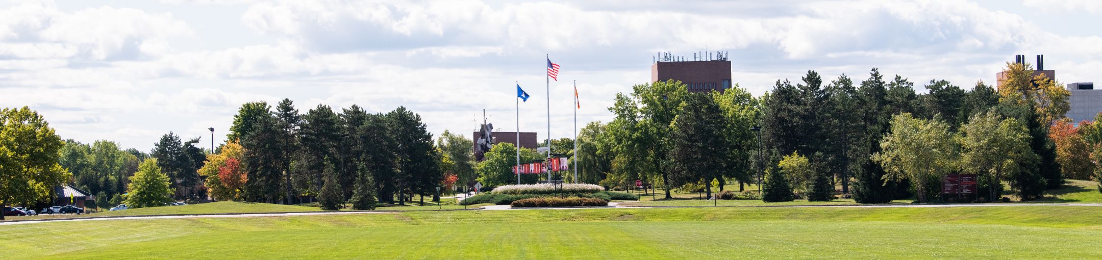 Grassy photo of RIT Campus, showing the flags on poles.