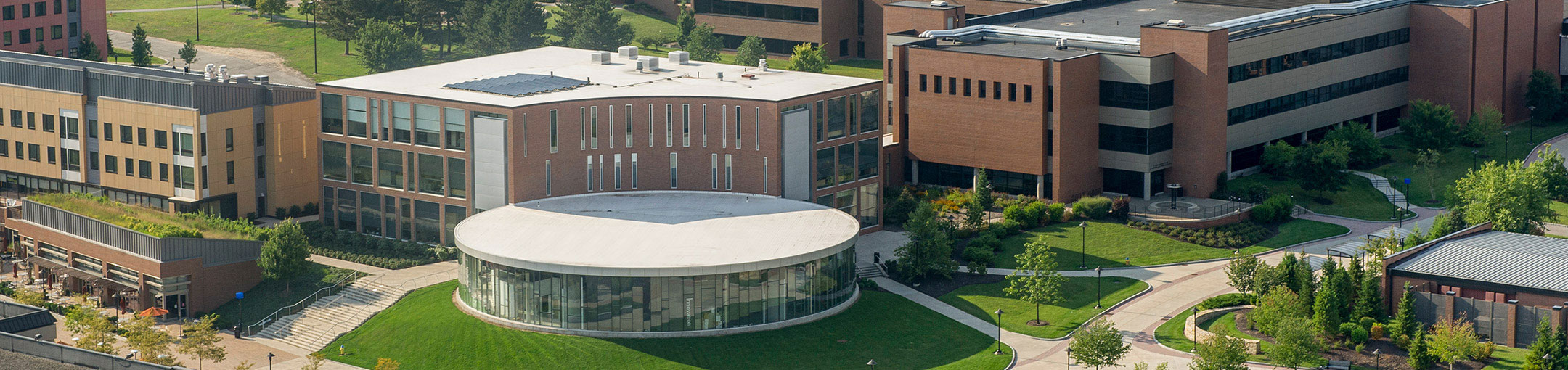 Aerial view of the R I T campus, featuring the Albert J. Simone Center for Innovation and Entrepreneurship.