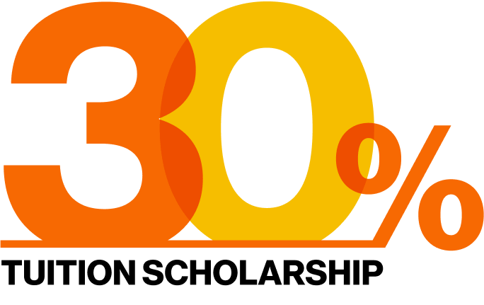 A stylized graphic of the text '30% tuition scholarship' in orange, yellow, and black.