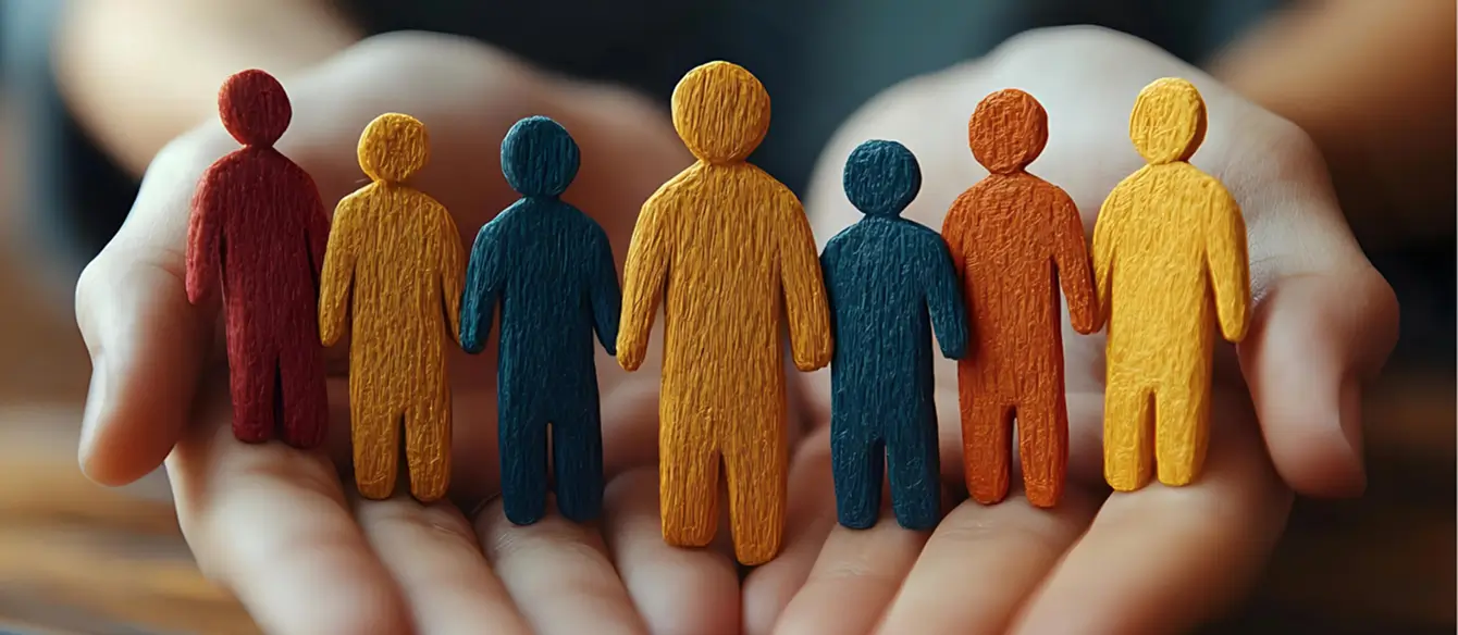 Two hands held out holding seven human shaped cutouts in a variety of colors.
