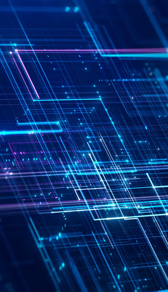 Abstract digital illustration of glowing blue and purple lines and dots forming a circuit- or network-like grid on a dark background.