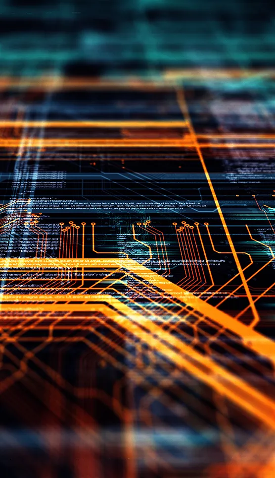 Abstract digital illustration of glowing orange circuit-like lines layered over faint code text on a dark, grid-pattern background.