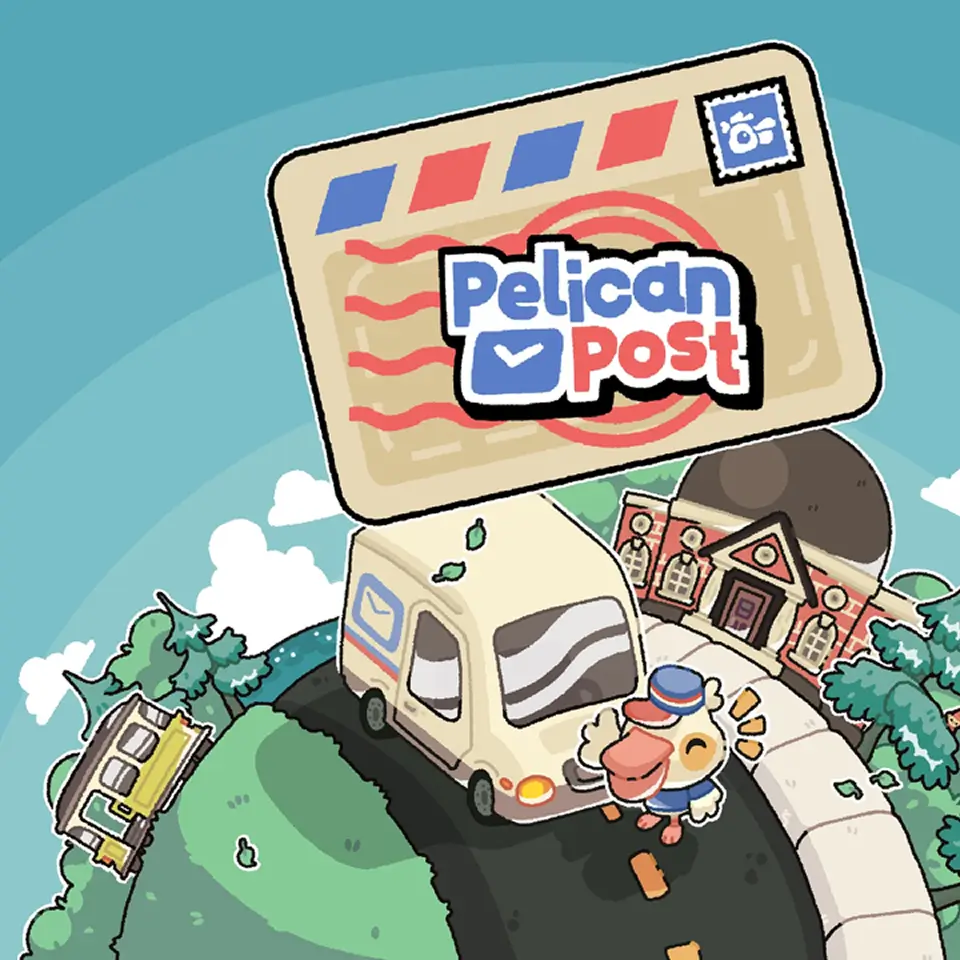 Art from the game called Pelican Post, showing a pelican standing in front of a mail truck.