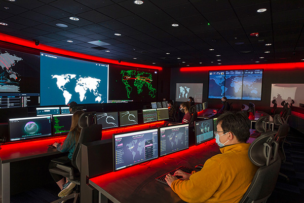 Students using a computer lab in the Global Cybersecurity Institute.