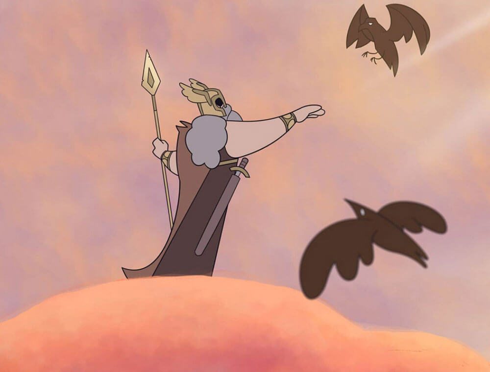 a still from an animated film with a Norse god holding his hand out for a flying raven.