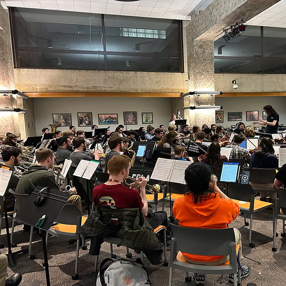 Members of the RIT Game Symphony Orchestra practicing.