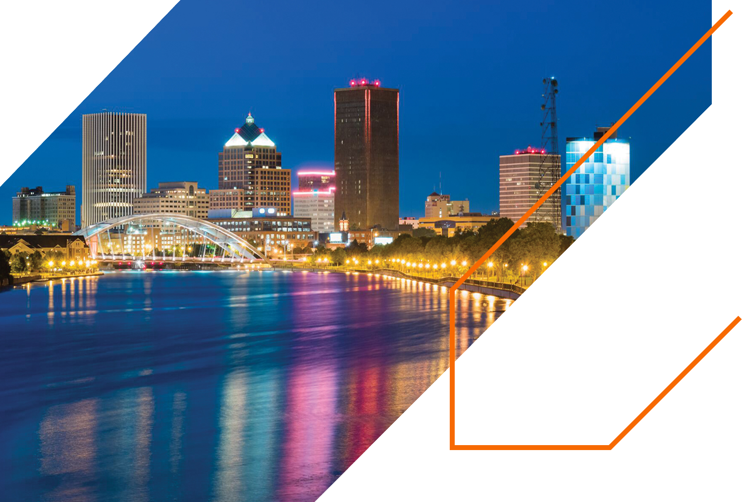 Rochester, New York skyline at night with city lights reflecting on the Genesee River, accented by an orange chevron graphic.