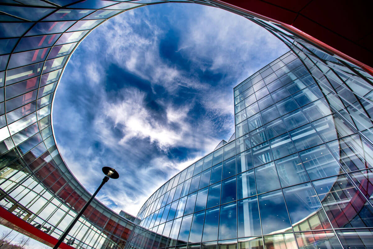 Bottom-up view of the SHED's circular exterior courtyard.