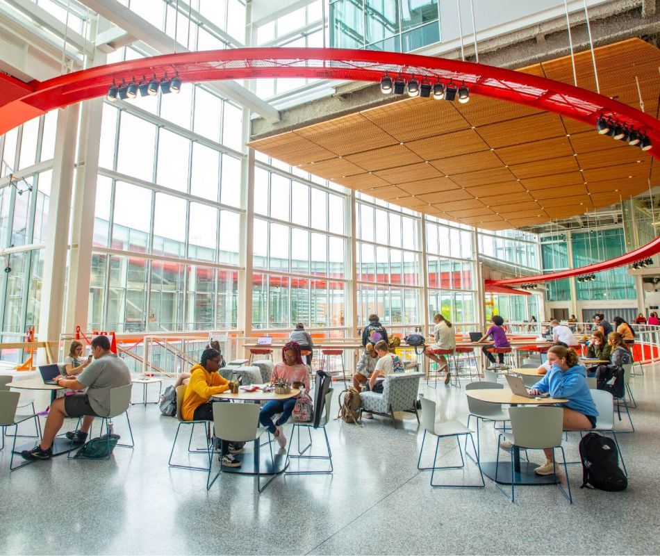 Inside the SHED where students are working in a large attrium