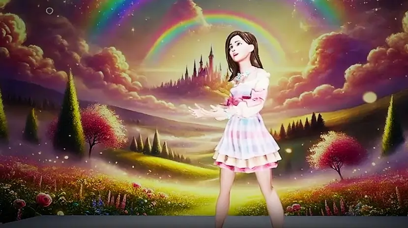 An avatar of a singer on a stage in front of a virtual background.