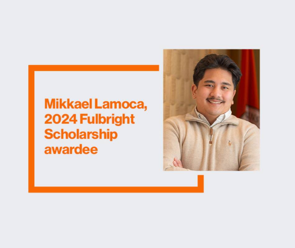 a headshot of Mikkael Lamoca is shown on a white background with an orange square to the right with text that shows his name.
