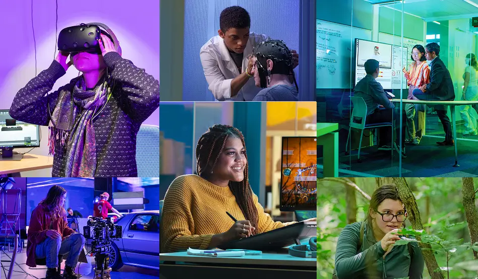 A collage of images showing students participating in a variety of disciplines.