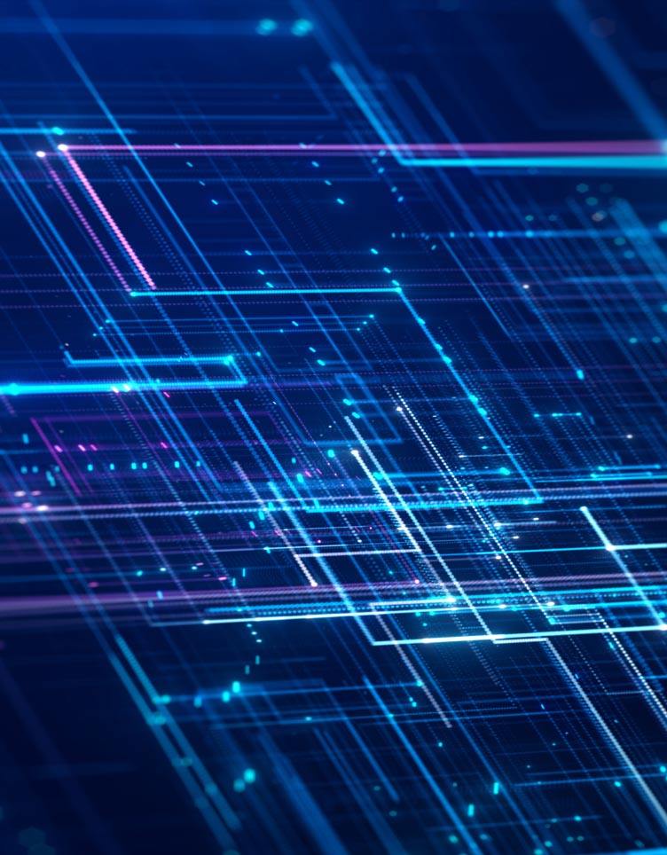 Abstract digital illustration of glowing blue and purple lines and dots forming a circuit- or network-like grid on a dark background.