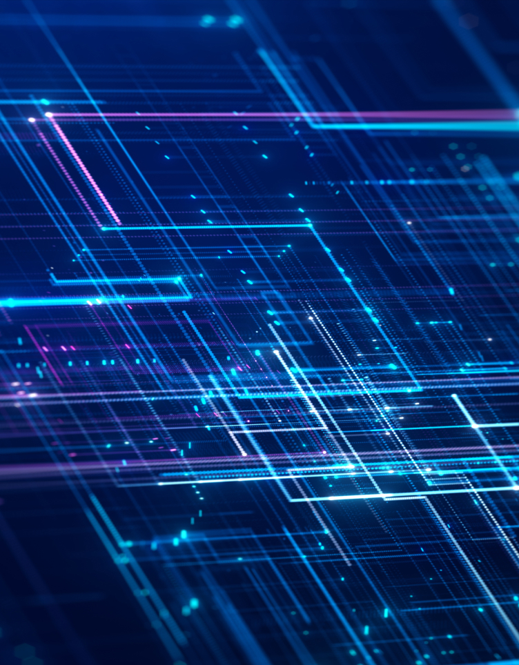 Abstract digital illustration of glowing blue and purple lines and dots forming a circuit- or network-like grid on a dark background.