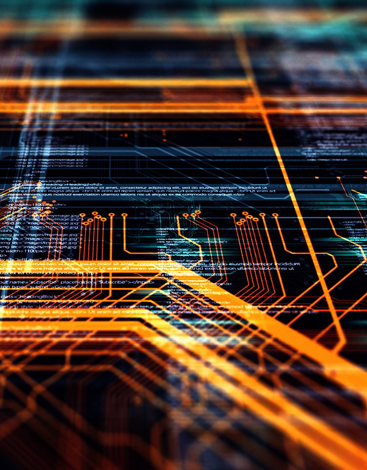 Abstract digital illustration of glowing orange circuit-like lines layered over faint code text on a dark, grid-pattern background.