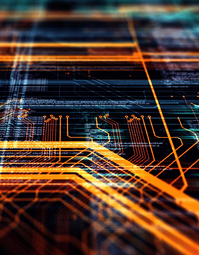 Abstract digital illustration of glowing orange circuit-like lines layered over faint code text on a dark, grid-pattern background.