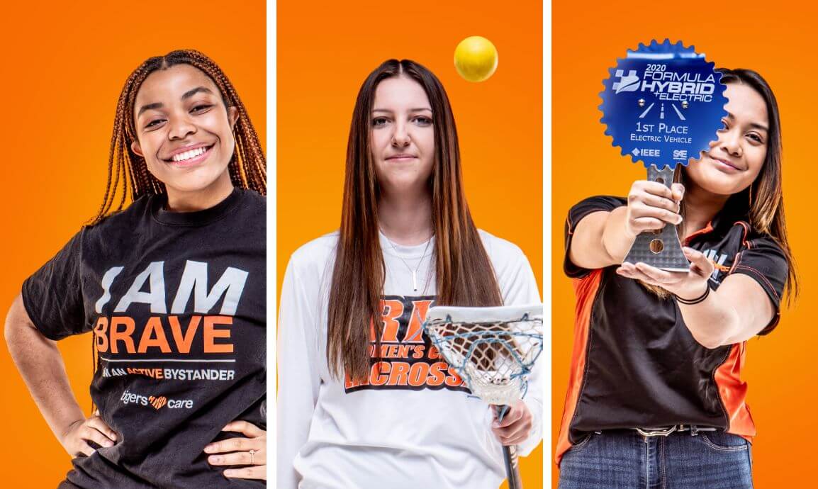 Three R I T students smiling, each representing a different club, sport, or group for women on campus.