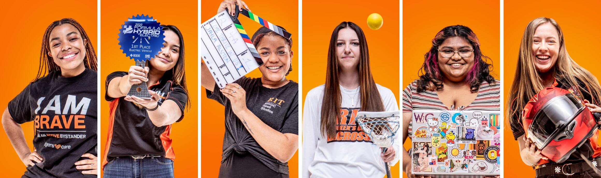 Six R I T students smiling, each representing a different club, sport, or group for women on campus.