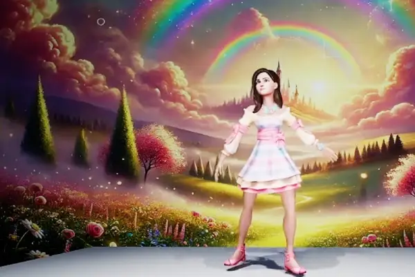 Virtual actor in a dress dancing on a stage of rainbows and fantasy