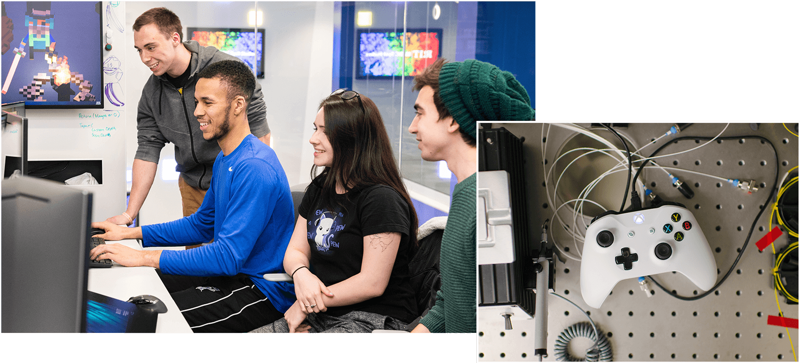 A collage of two images. Left Image shows four students working at computers. Right image shows a desk with an XBox controller on it.