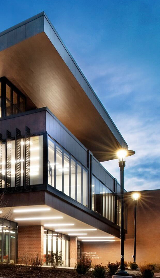 Glass front of a building at twilight